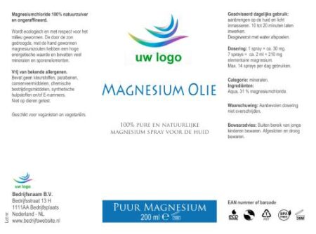 Magnesiumolie 200 ml Standaard Basis etiket private label magnesium
